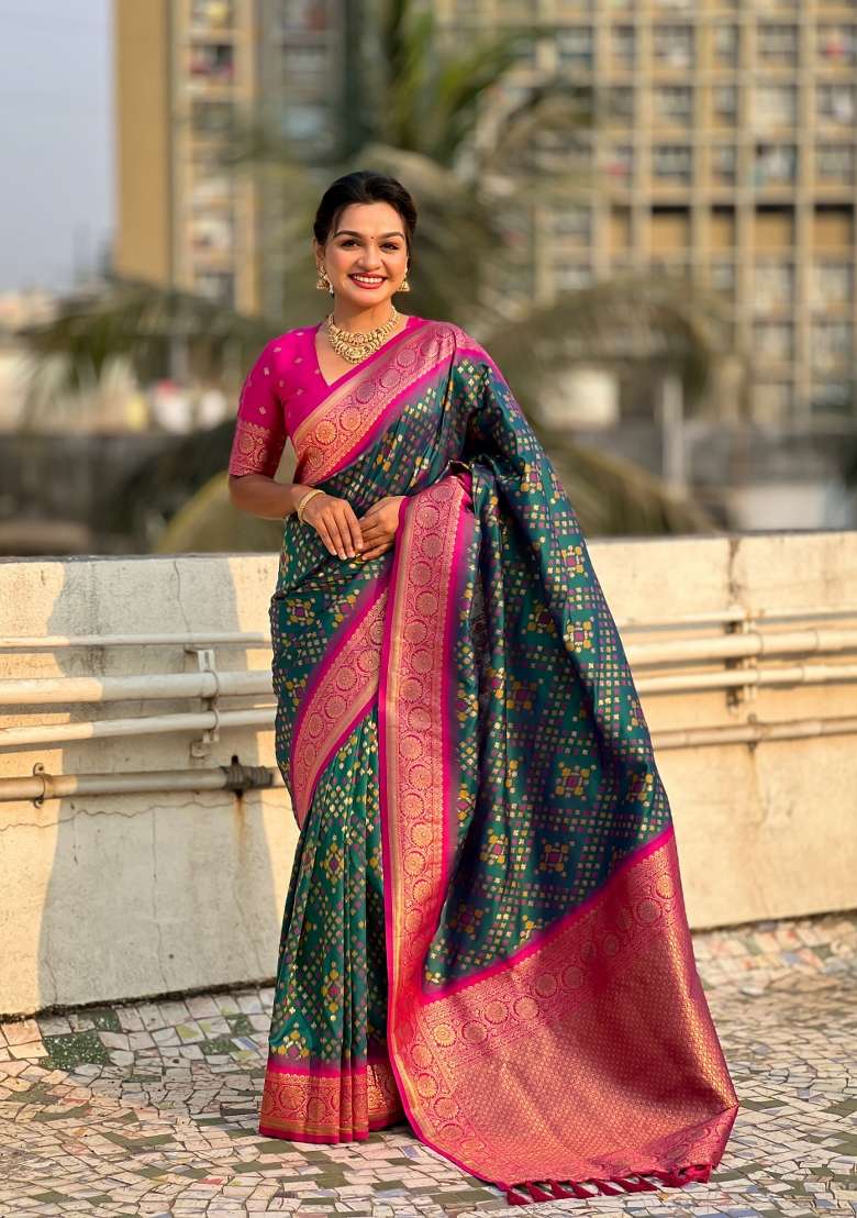 Pink Zari Woven Silk Blend Saree Set for Diwali | Wedding & Festive Wear - Indya