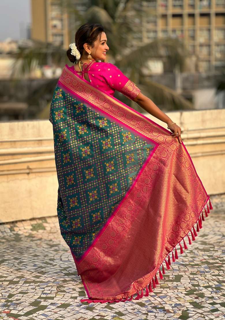 Pink Zari Woven Silk Blend Saree Set for Diwali | Wedding & Festive Wear - Indya