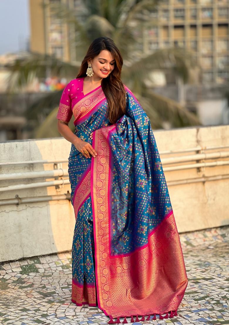 Pink Zari Woven Silk Blend Saree Set