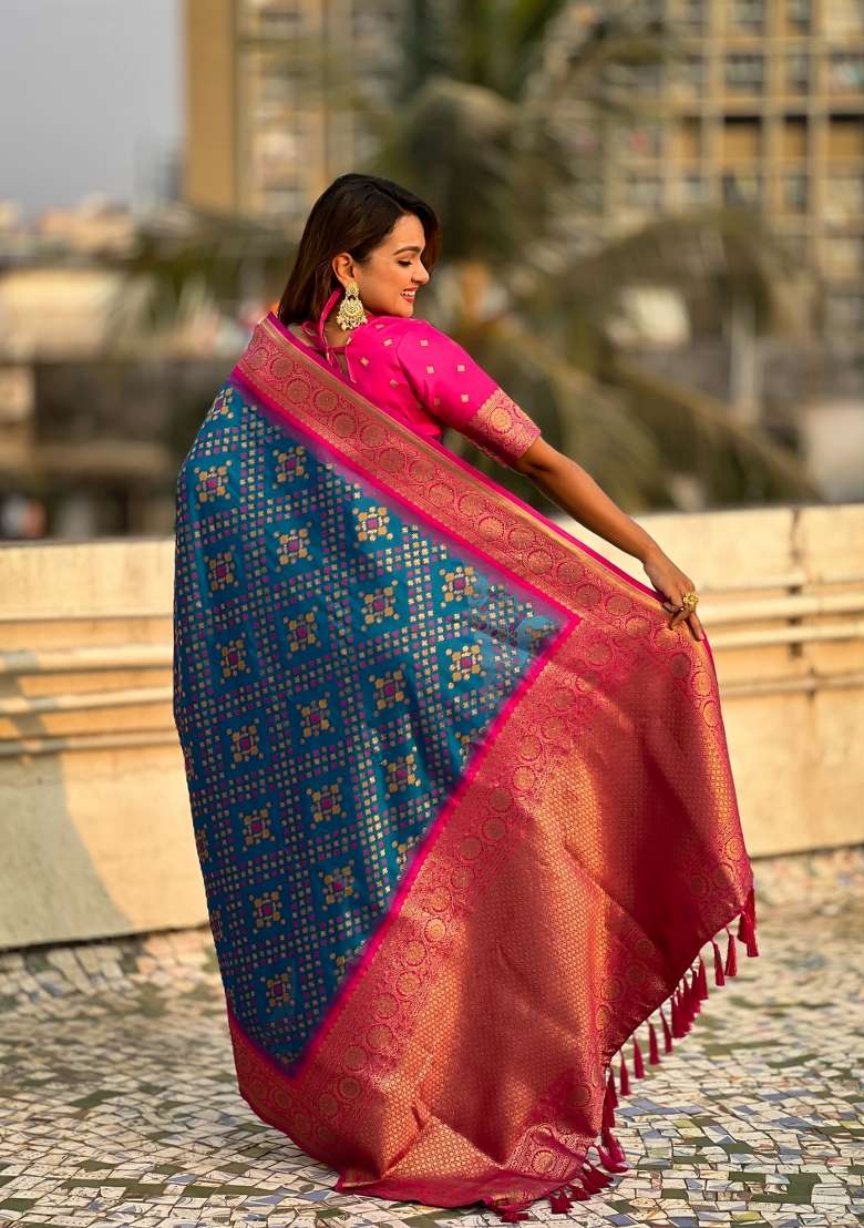 Pink Zari Woven Silk Blend Saree Set - Indya