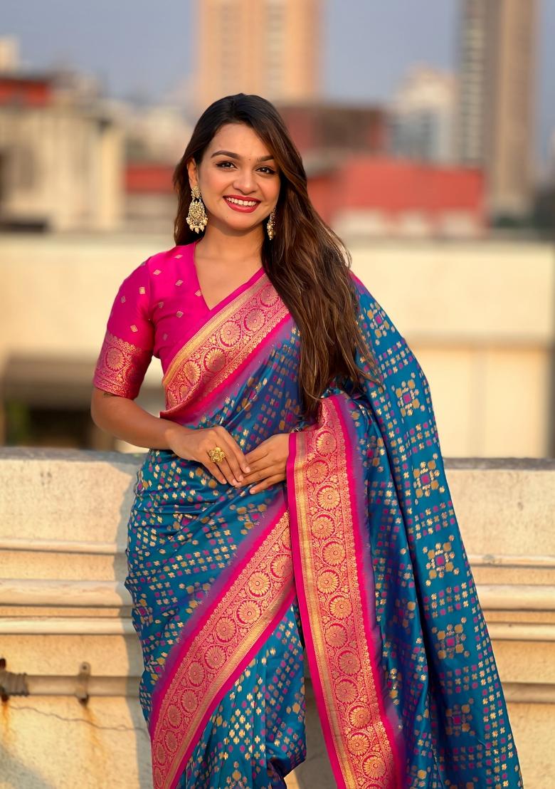 Pink Zari Woven Silk Blend Saree Set