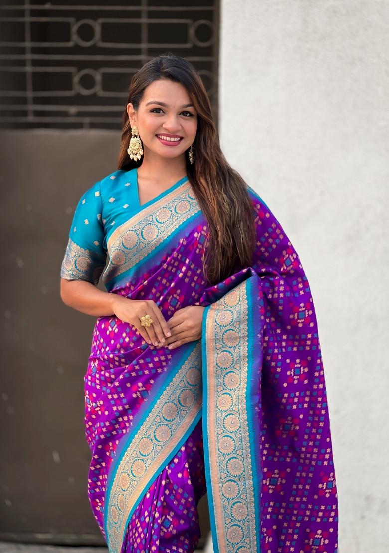 Blue Zari Woven Silk Blend Saree Set