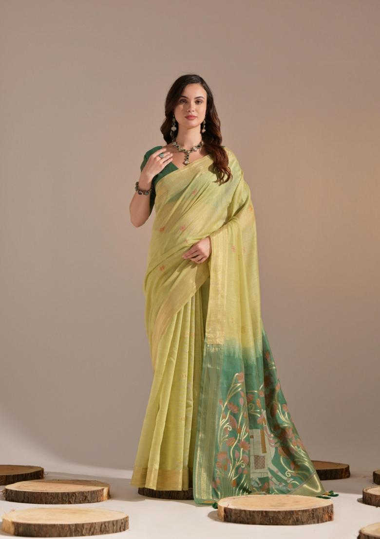 Green Resham Work Cotton Blend Saree Set