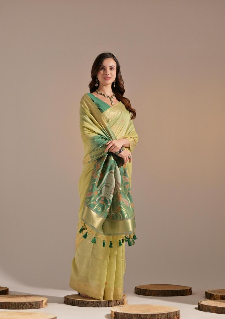 Green Resham Work Cotton Blend Saree Set