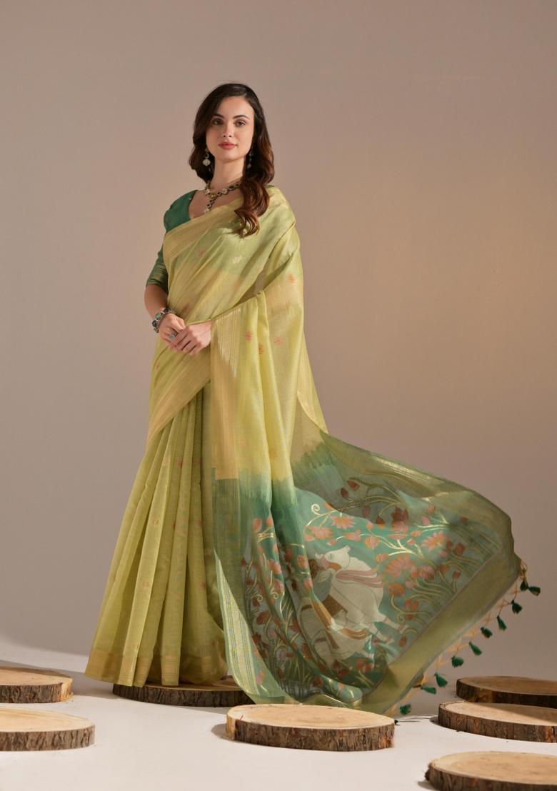 Green Resham Work Cotton Blend Saree Set