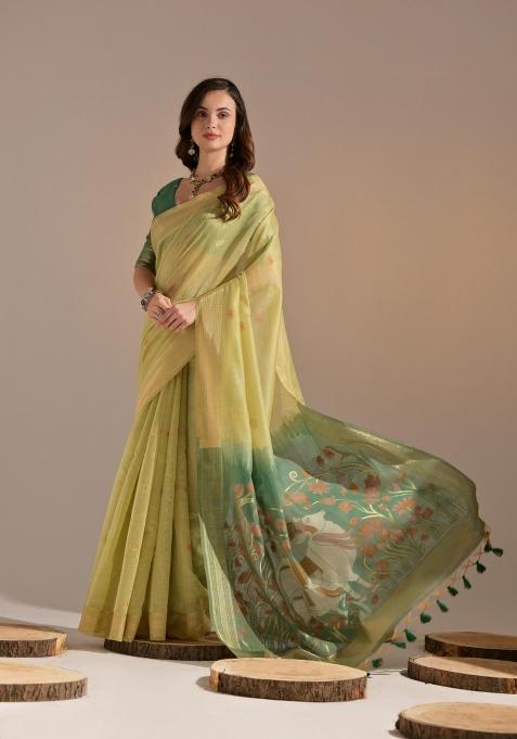 Green Resham Work Cotton Blend Saree Set