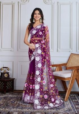 Purple Resham Work Net Saree Set