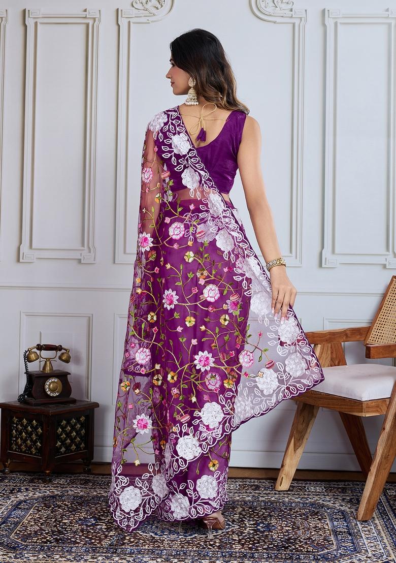 Purple Resham Work Net Saree Set