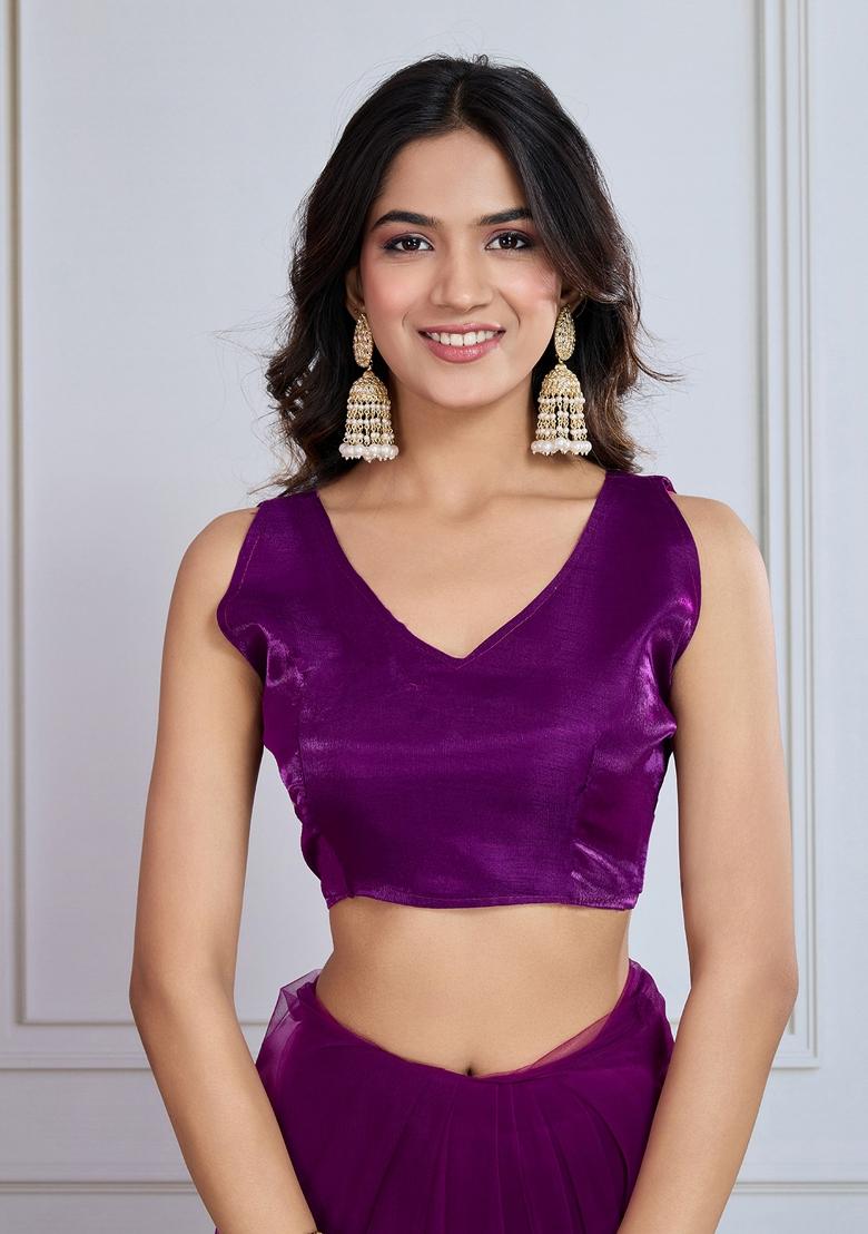 Purple Resham Work Net Saree Set