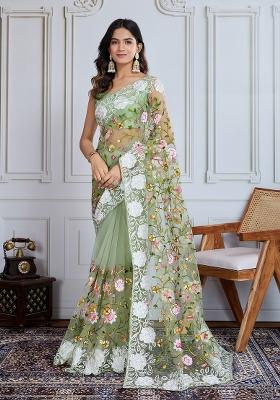 Green Resham Work Net Saree Set