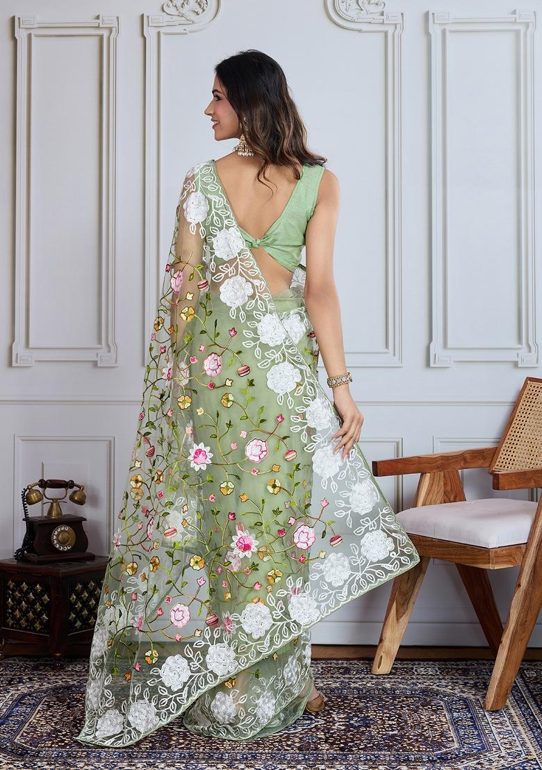 Green Resham Work Net Saree Set