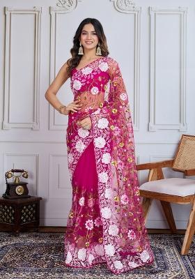 Dark Pink Resham Work Net Saree Set