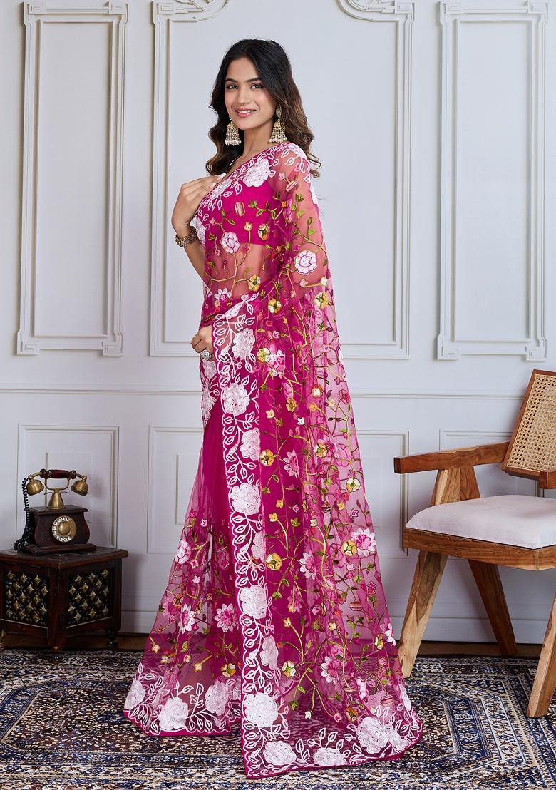 Dark Pink Resham Work Net Saree Set