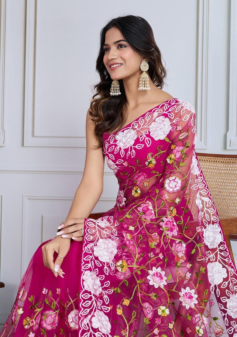 Dark Pink Resham Work Net Saree Set