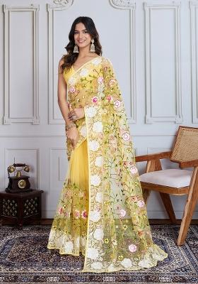 Yellow Resham Work Net Saree Set