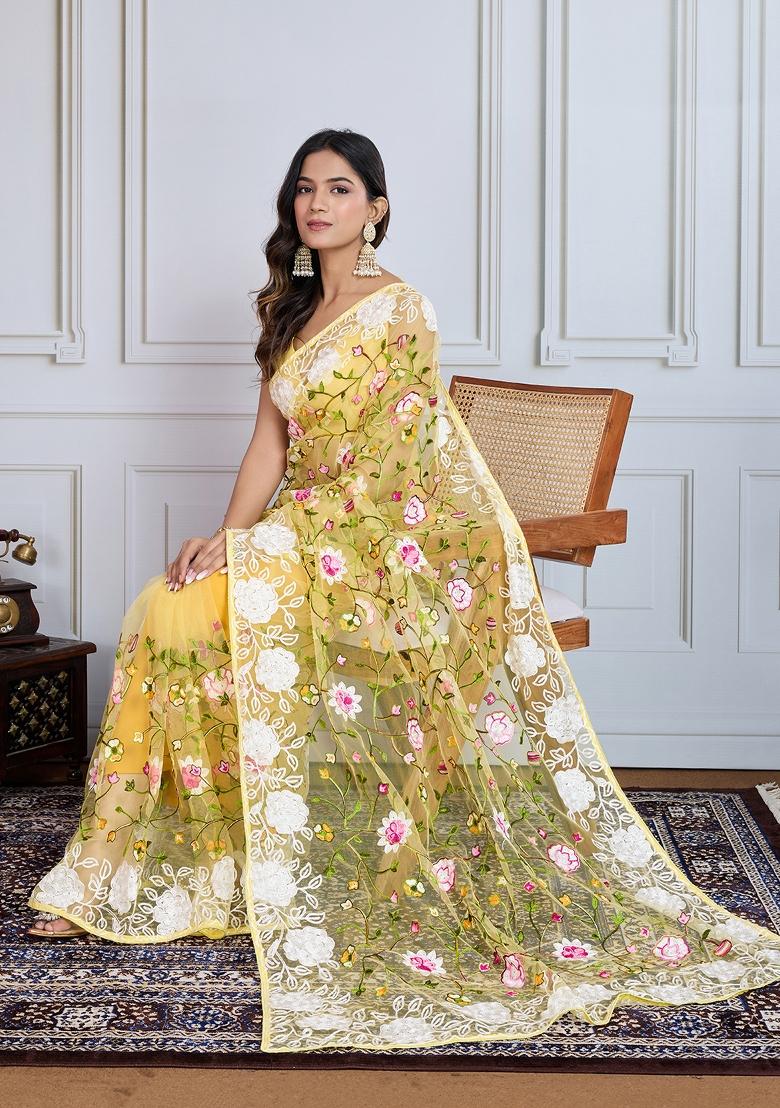 Yellow Resham Work Net Saree Set