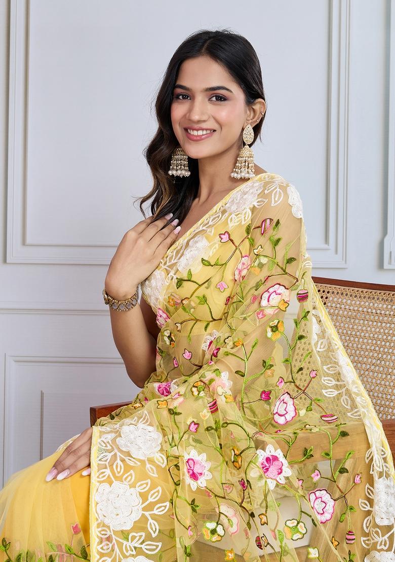 Yellow Resham Work Net Saree Set