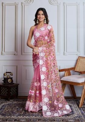 Light Pink Resham Work Net Saree Set