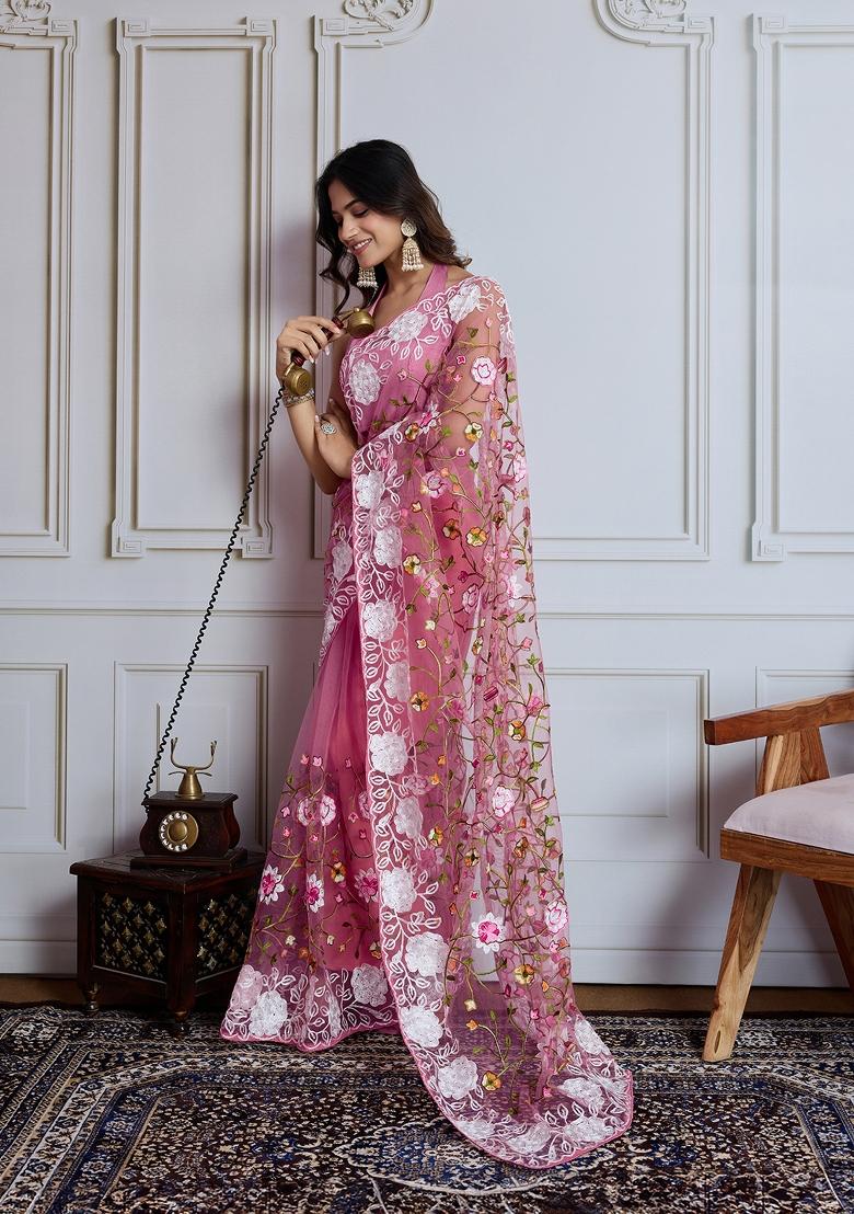 Light Pink Resham Work Net Saree Set