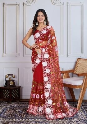 Maroon Resham Work Net Saree Set