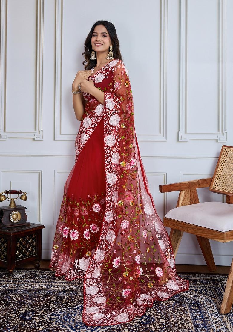 Maroon Resham Work Net Saree Set