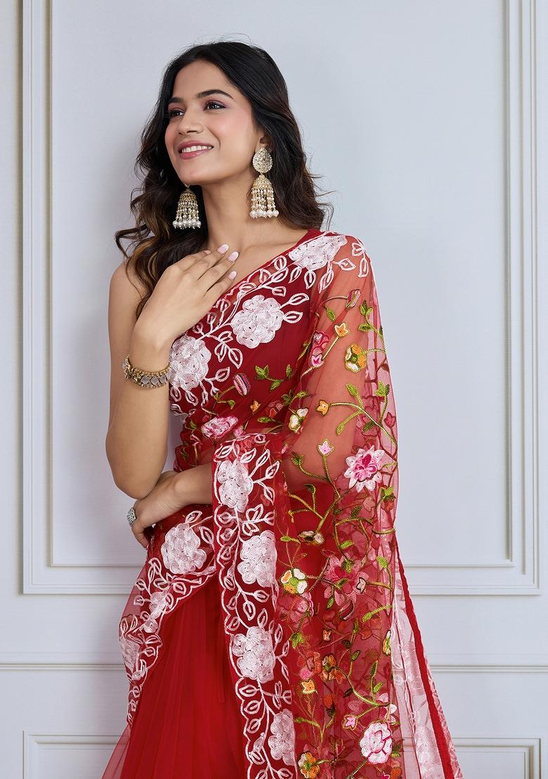 Maroon Resham Work Net Saree Set