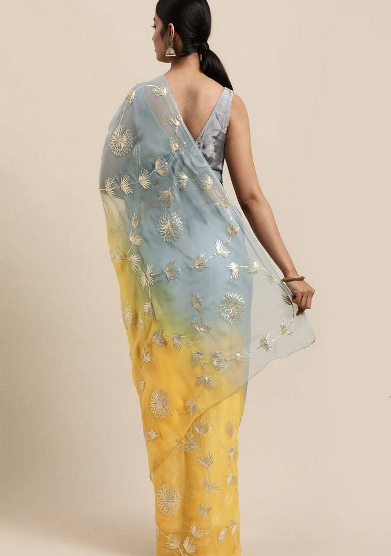 Grey Resham Work Organza Saree Set