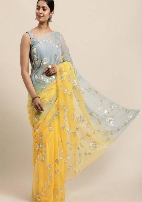Grey Resham Work Organza Saree Set