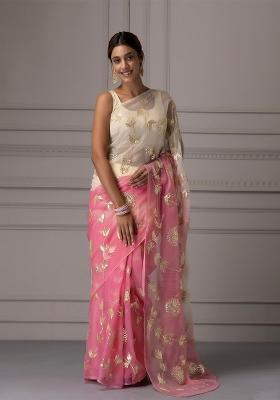 Cream Resham Work Organza Saree Set