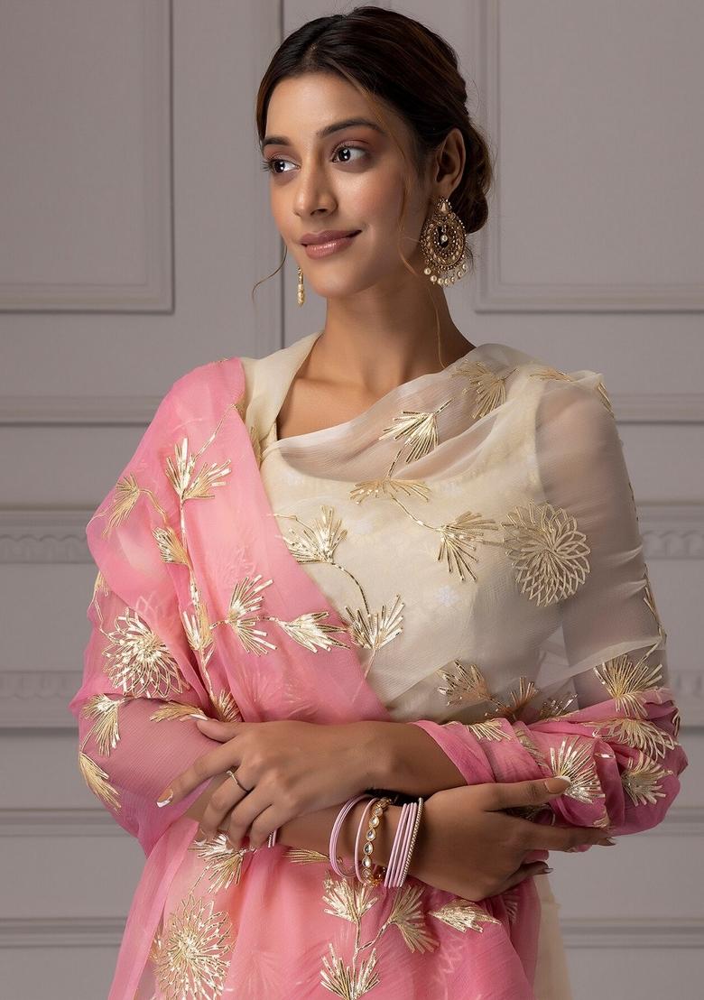 Cream Resham Work Organza Saree Set