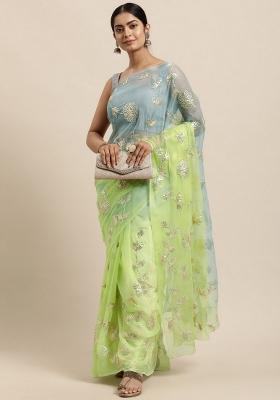 Grey Resham Work Organza Saree Set