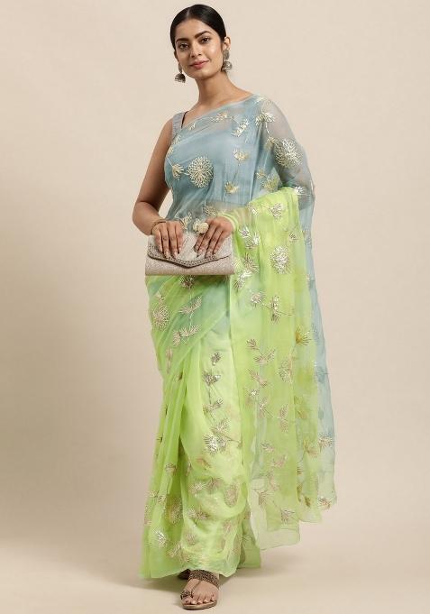 Grey Resham Work Organza Saree Set
