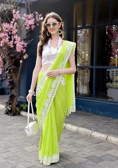 Off White Resham Work Georgette Saree Set