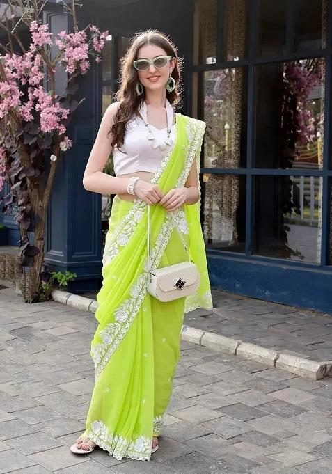Off White Resham Work Georgette Saree Set