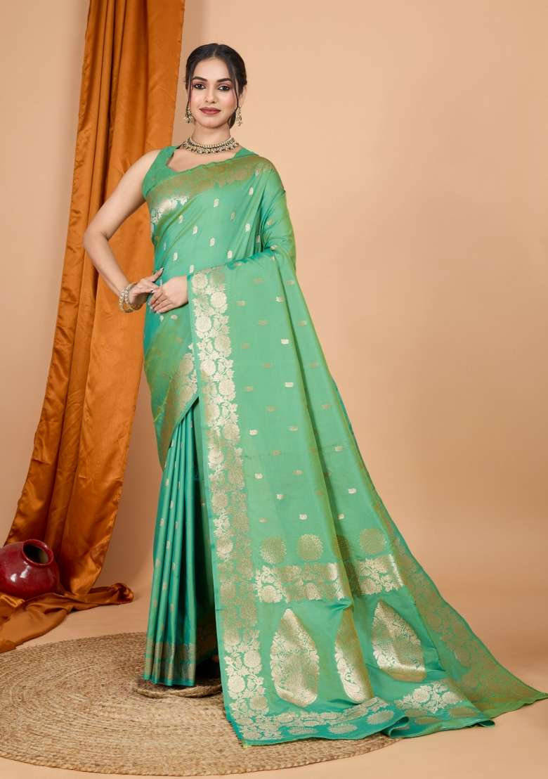 Green Zari Woven Silk Blend Saree Set for Diwali | Wedding & Festive Wear - Indya