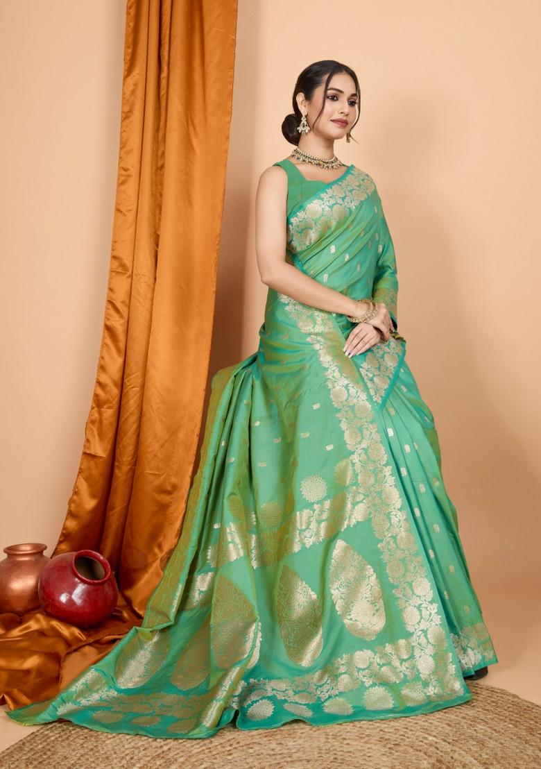 Green Zari Woven Silk Blend Saree Set