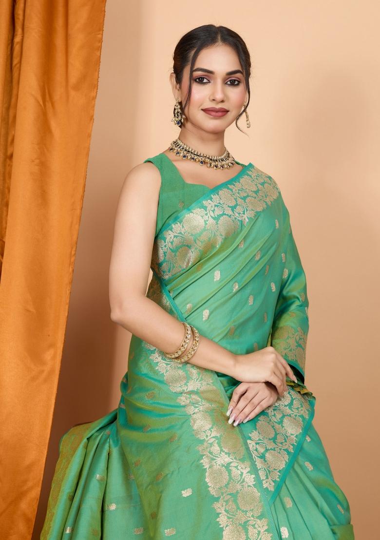 Green Zari Woven Silk Blend Saree Set