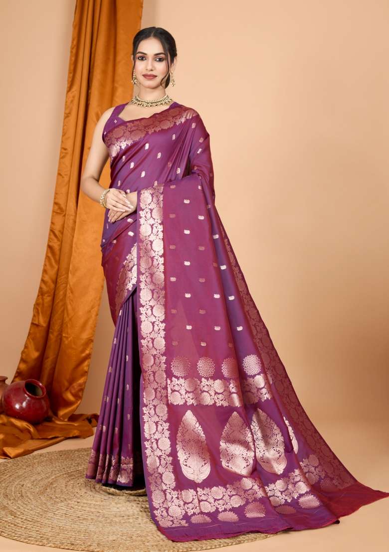 Maroon Zari Woven Silk Blend Saree Set for Diwali and Festive Wear - Indya