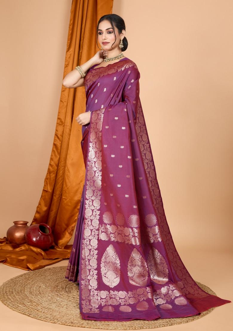 Maroon Zari Woven Silk Blend Saree Set