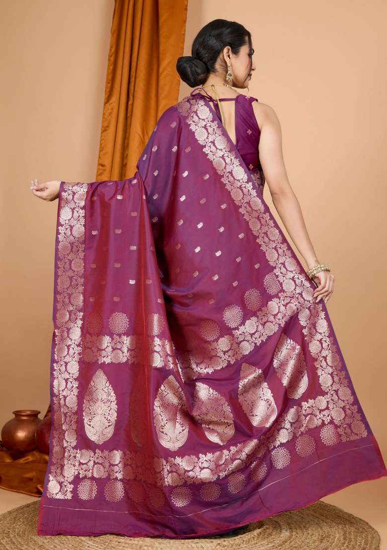 Maroon Zari Woven Silk Blend Saree Set for Diwali and Festive Wear - Indya