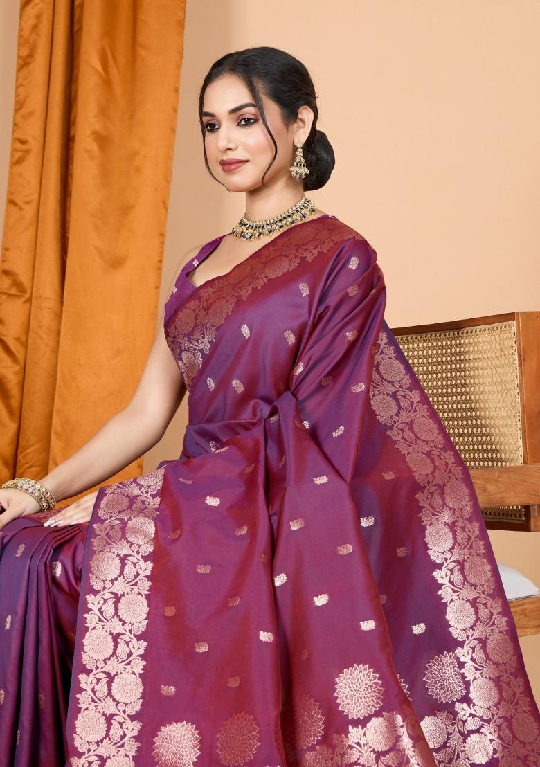 Maroon Zari Woven Silk Blend Saree Set
