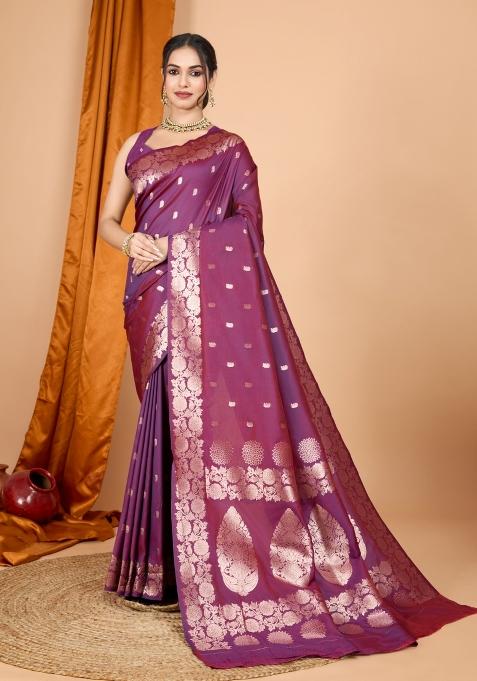 Maroon Zari Woven Silk Blend Saree Set