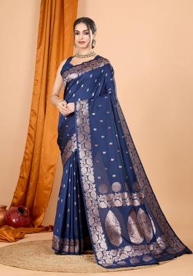 Navy Blue Zari Woven Silk Blend Saree Set