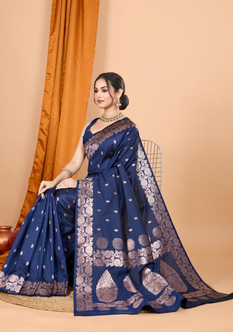 Navy Blue Zari Woven Silk Blend Saree Set