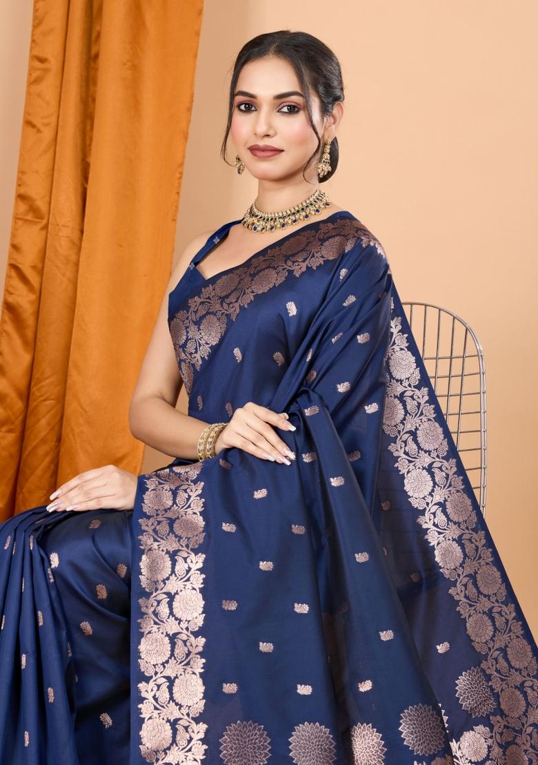 Navy Blue Zari Woven Silk Blend Saree Set