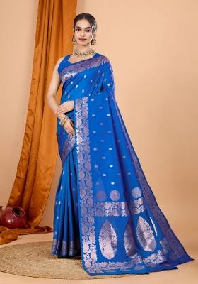 Blue Zari Woven Silk Blend Saree Set