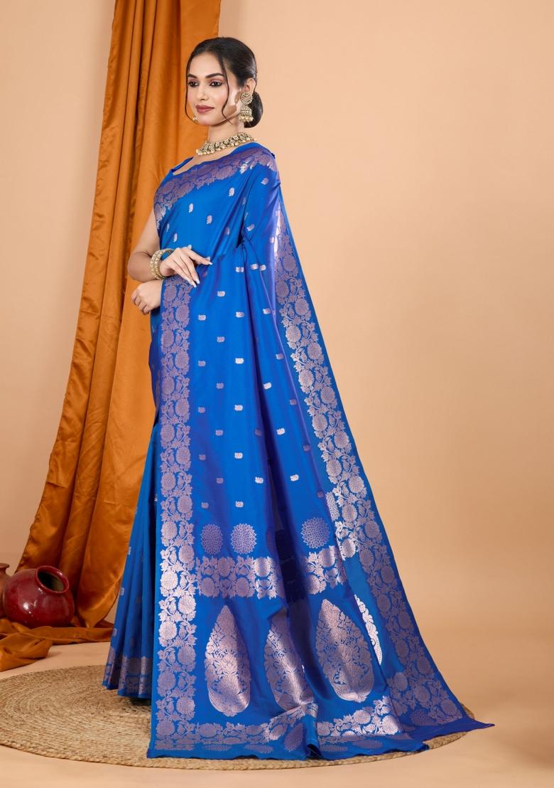 Blue Zari Woven Silk Blend Saree Set