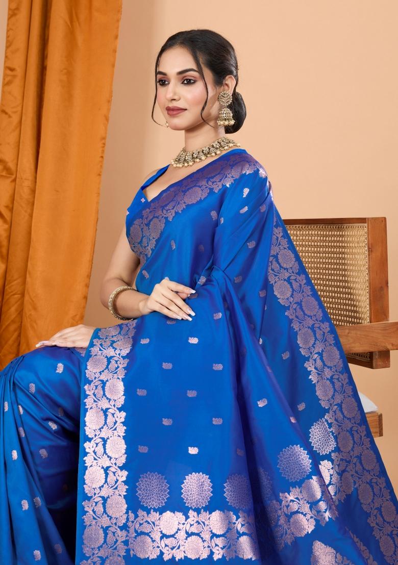 Blue Zari Woven Silk Blend Saree Set