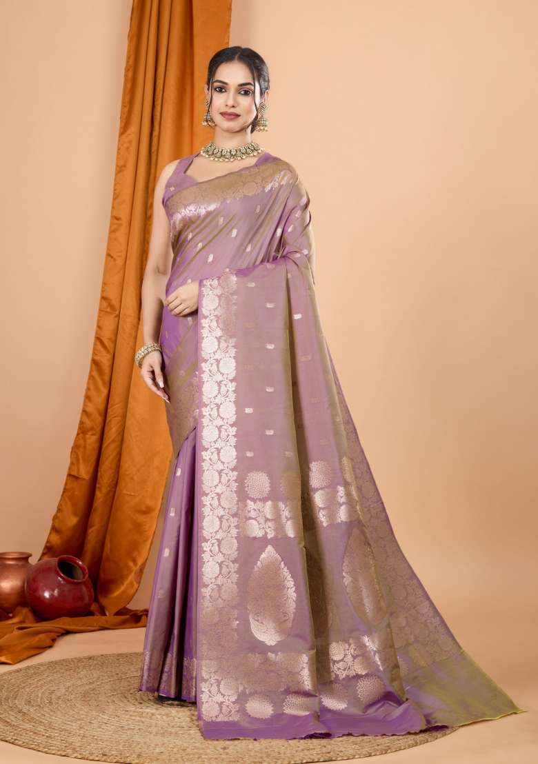 Pink Zari Woven Silk Blend Saree Set - Indya
