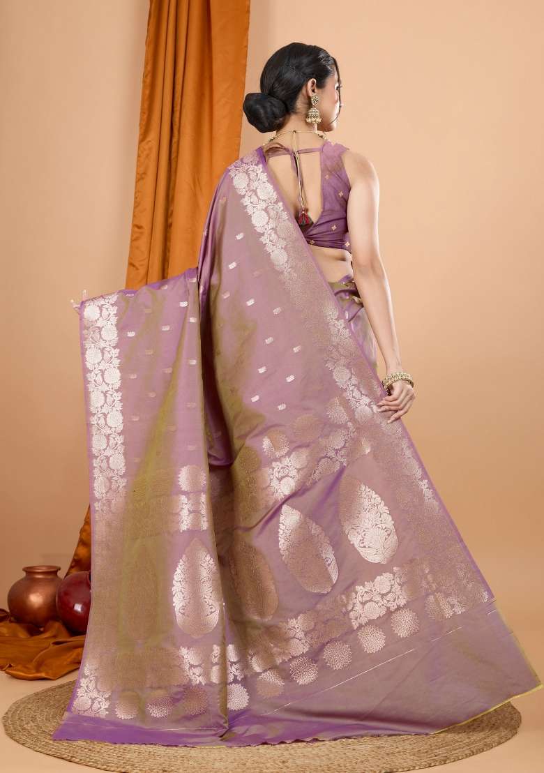 Pink Zari Woven Silk Blend Saree Set - Indya